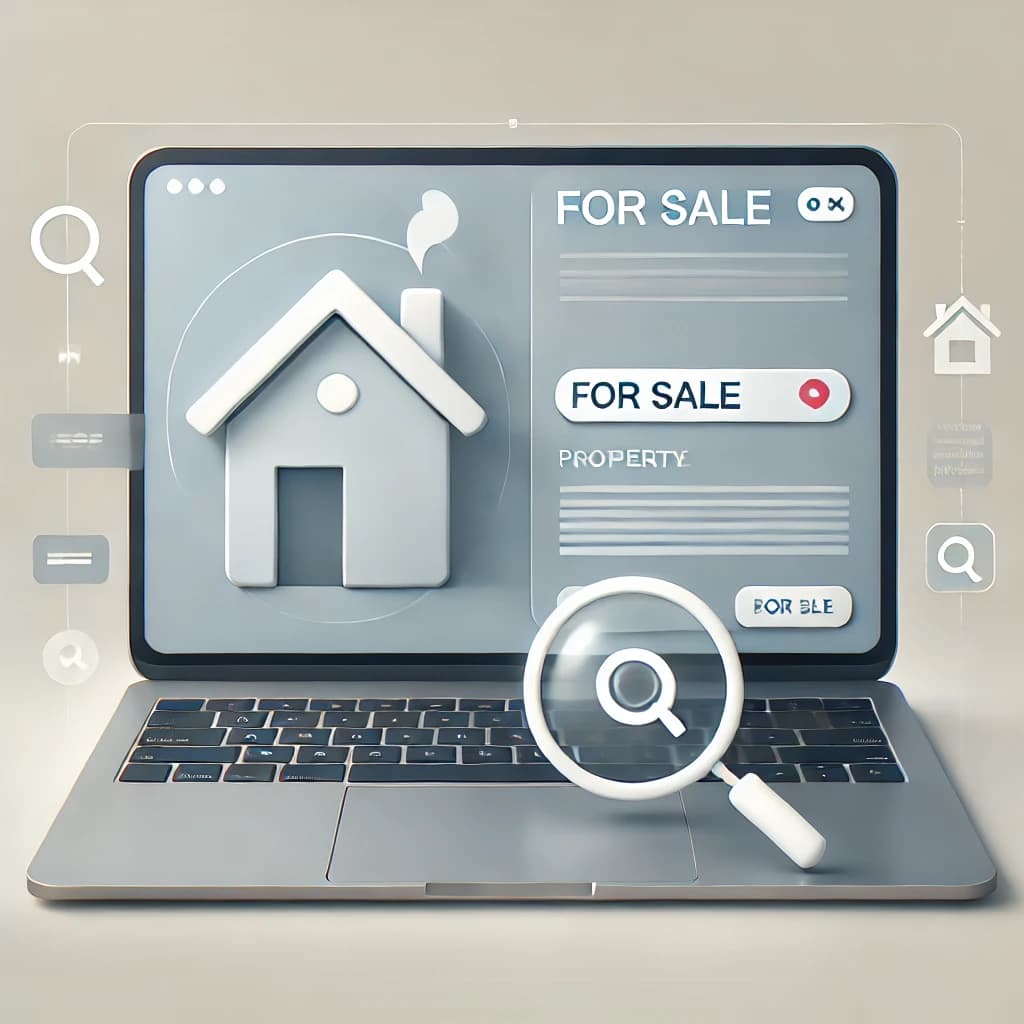 Imagem minimalista de marketing imobiliário online, apresentando um laptop com uma tela limpa exibindo um anúncio de propriedade 'À Venda', acompanhado de um ícone de casa simples. O fundo leve e neutro inclui elementos sutis como uma lupa e um cursor, simbolizando a busca online. A paleta de cores em tons de azul e cinza transmite profissionalismo, refletindo um design moderno e descomplicado.