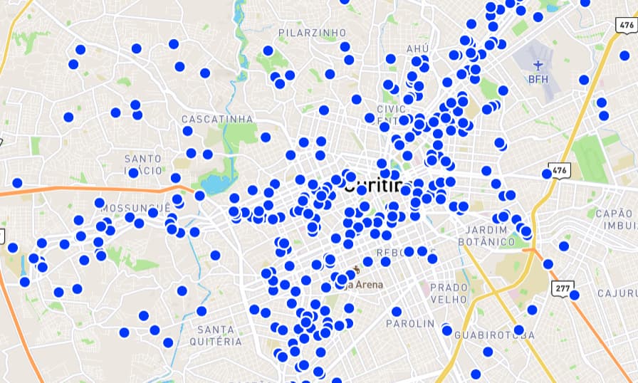 Mapa dos lançamentos imobiliários em Curitiba, destacando os dois principais eixos de crescimento e valorização.