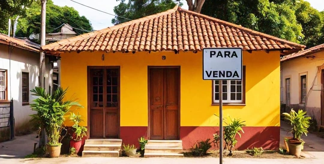 Casa à venda com placa “Vende-se” no jardim em um bairro residencial